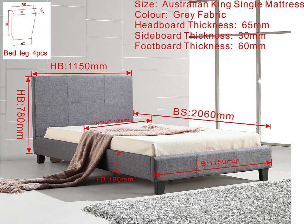King Single Bed Frame Grey Linen Fabric